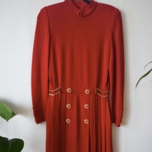 St John Santana Knit Imperial Red Formal Dress w/ Gold Buttons & Pleated Details